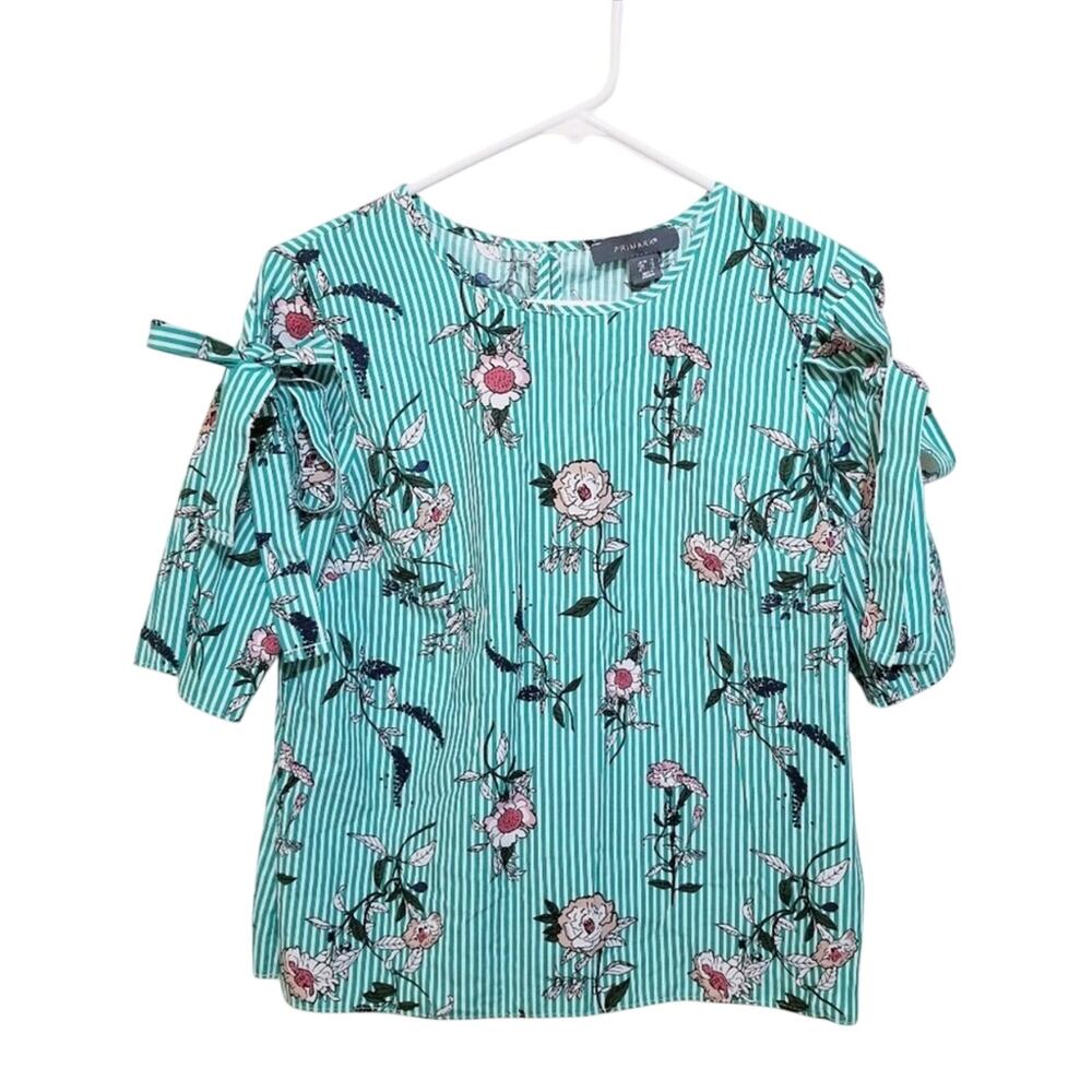 Primark Floral Print Stripes Tie Sleeves Blouse Short Sleeves Made in Romania